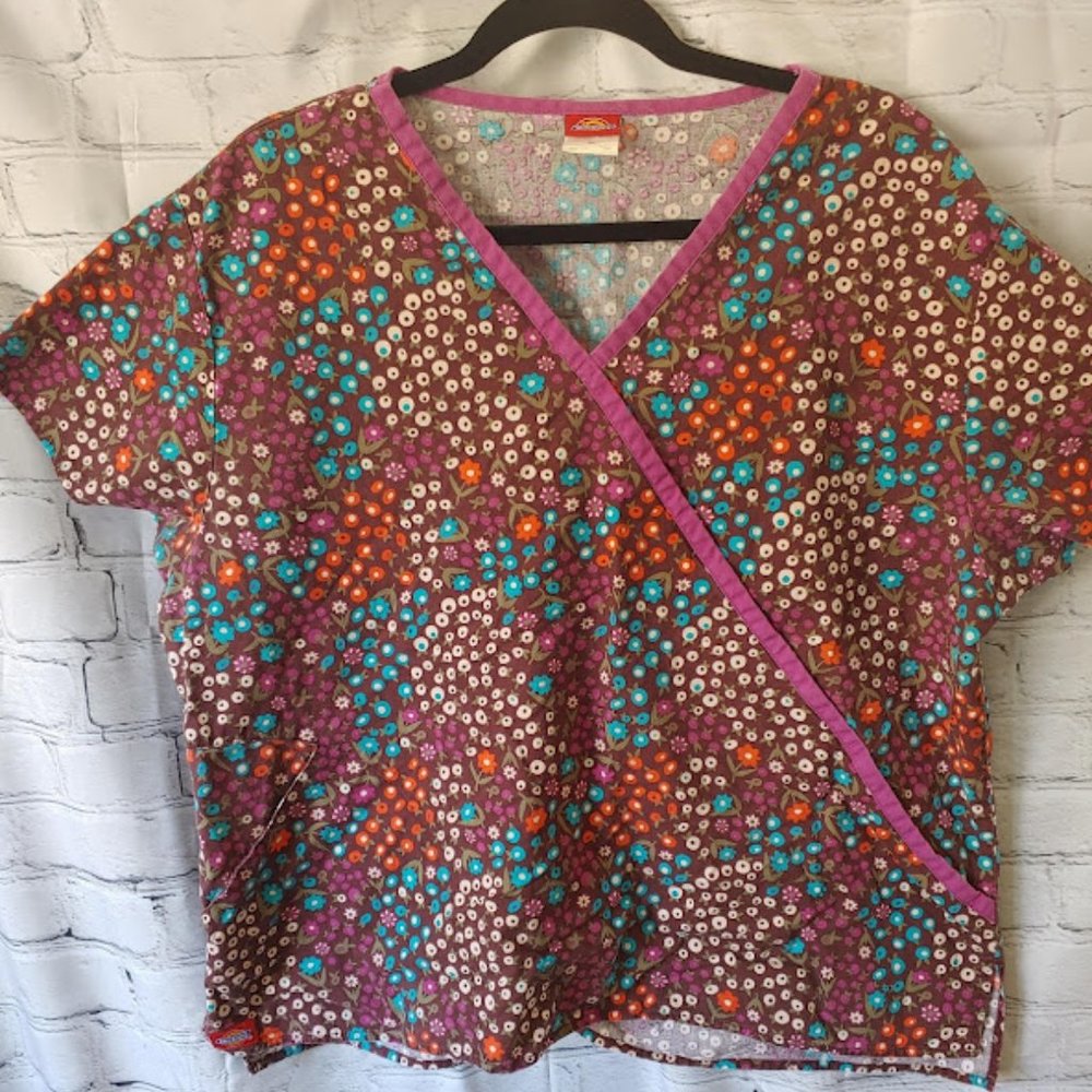 2/$12 Dickies Floral/Polka Dot Scrub Top